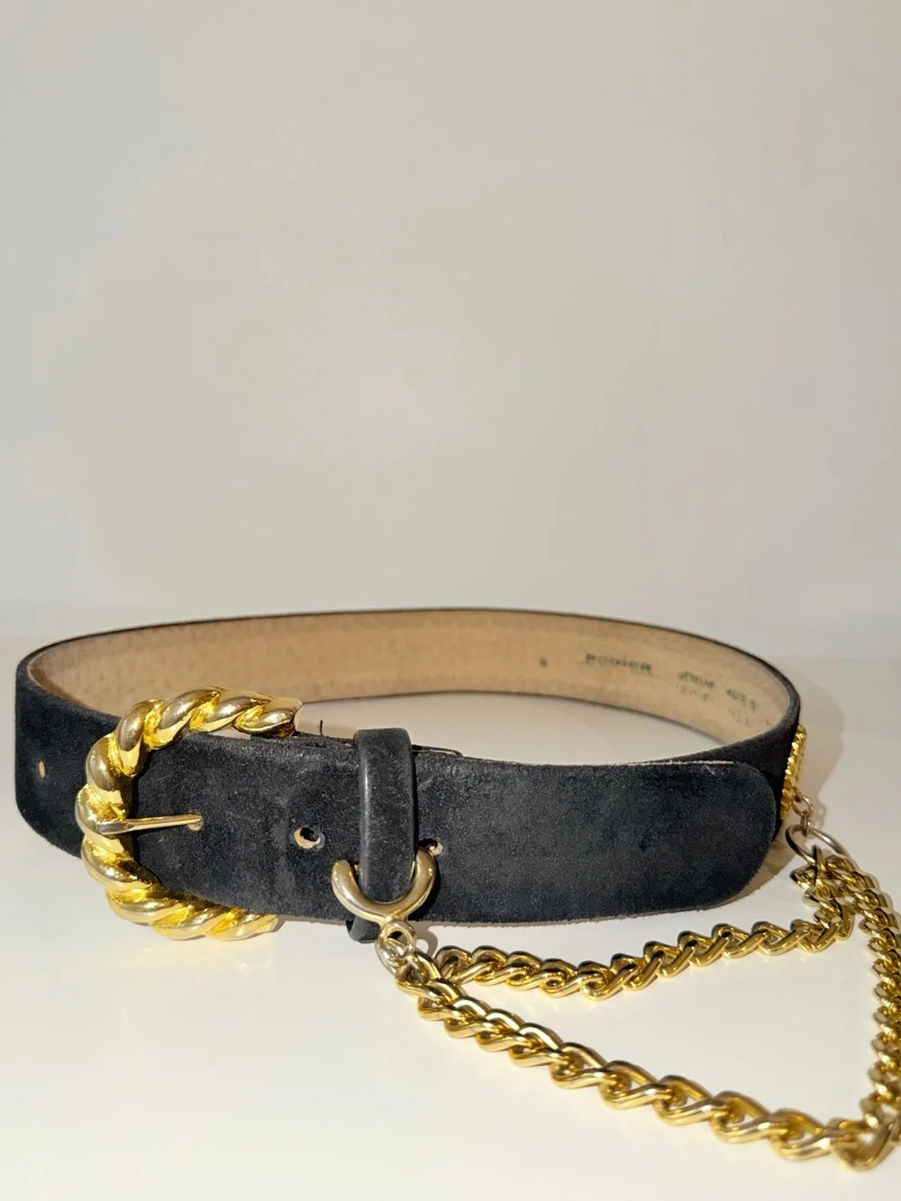 Vtg Rodier Black Genuine Leather Suede Belt with Gold Chain Accent, Sz S